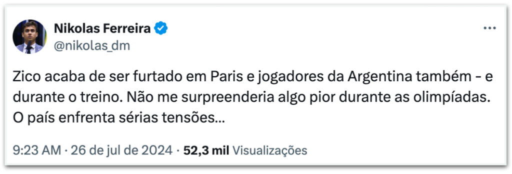 Deputado comentou o furto que Zico sofreu em Paris