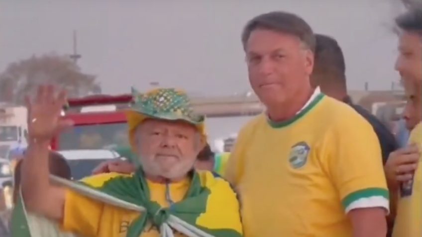 O ex-presidente Jair Bolsonaro (PL) e o candidato a vereador Célio Morais (PL-SP), sósia de Lula em ato em Jaboticabal, SP