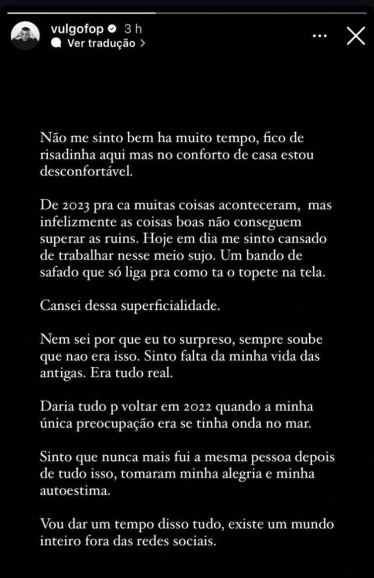 Ex-BBB Gabriel Fop faz forte desabafo e reclama da fama