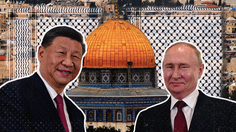 Colagem de Vladimir Putin e Xi Jinping com o Domo da Rocha em Jerusalém ao fundo