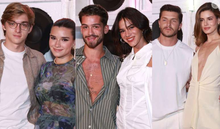 Joaquim Huck e namorada, e casais Bruna Marquezine e João Guilherme e Camila Queiroz e Klebber Toledo na festa de relações públicas.