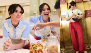 Bruna Marquezine monta look tricolor comfy para 'publi' com Cedric Grolet; atriz é 1ª brasileira a gravar com confeiteiro famoso.