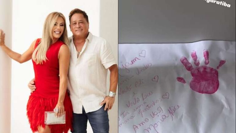 Poliana, Leonardo e cartinha feita pela neta do casal, Maria Alice